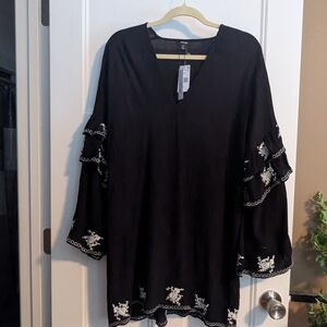 Nasty Girl Crinkle Embroidered Ruffle Black Tunic/Dress with White Embroidery.